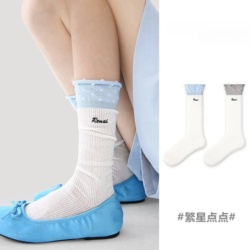 3Pcs Spring and Summer Thin Calf Socks College Style Lace Polka Dot Stacking Socks Children's Medium Tube Socks