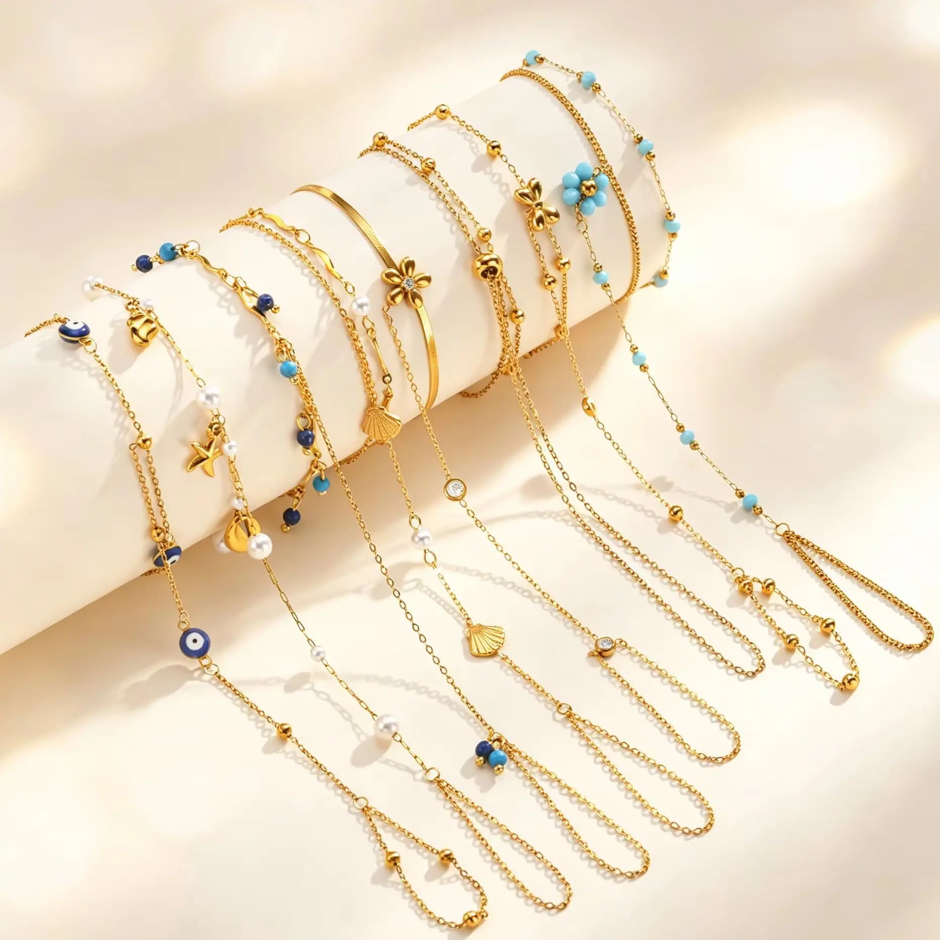 Wellenförmige Perlenarmkette für Damen mit Türkis-Lapis-Anhängern, Fingerkette, Boho-Handgelenkschmuck