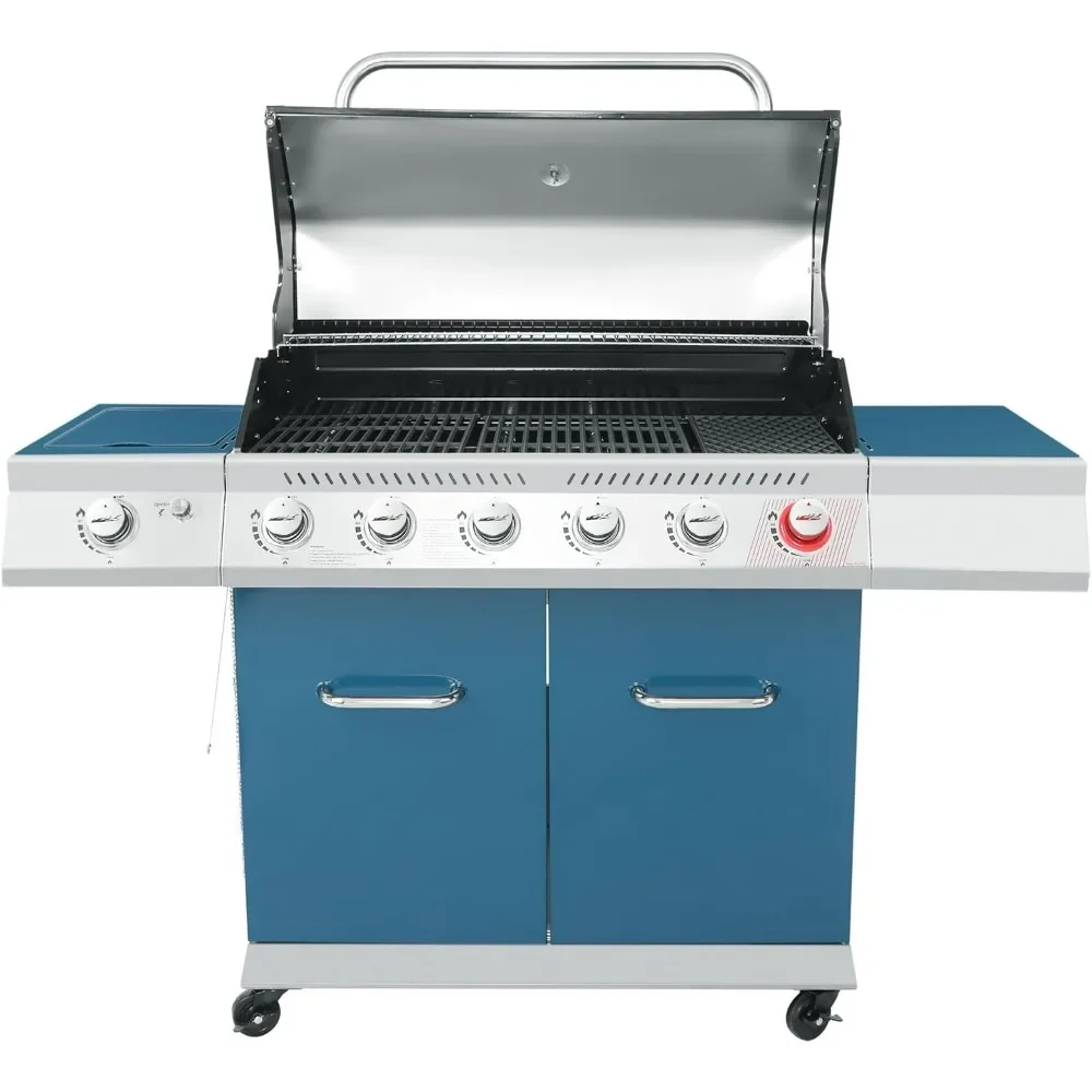 6-Burner Propane Gas Grill with Side Burner and Warming Rack,  Cabinet Style Outdoor BBQ Grill for Barbecue Grilling , Blue