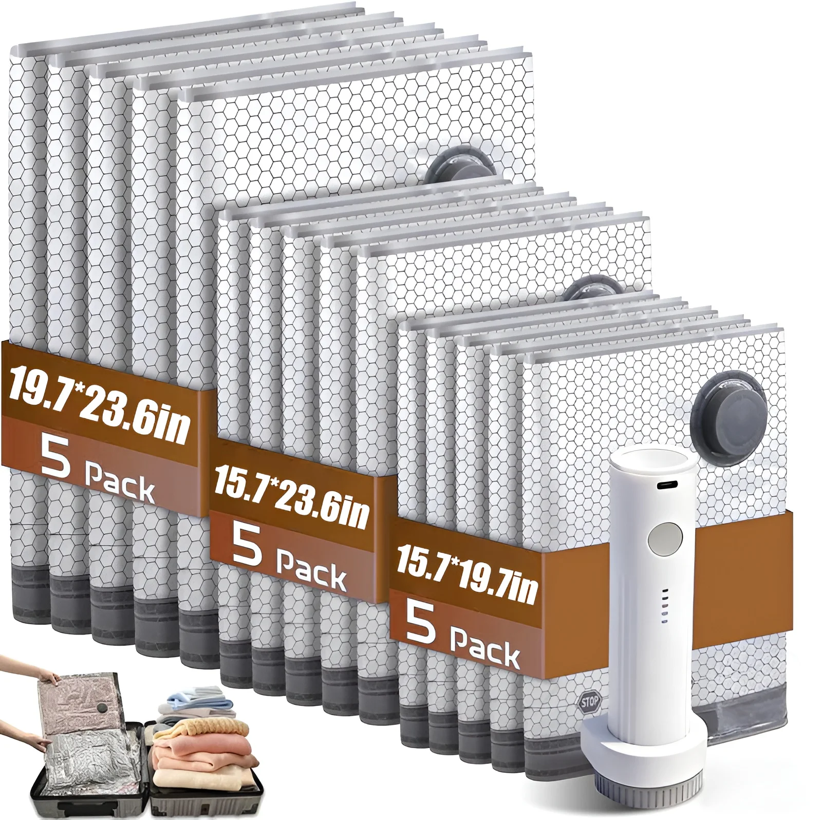 Kabelloses Kompressions-Reise-Vakuumset 15-teilig - Vakuumbeutel für Reisen mit Aufladbarer Luftpumpe, für Gepäck und Koffer