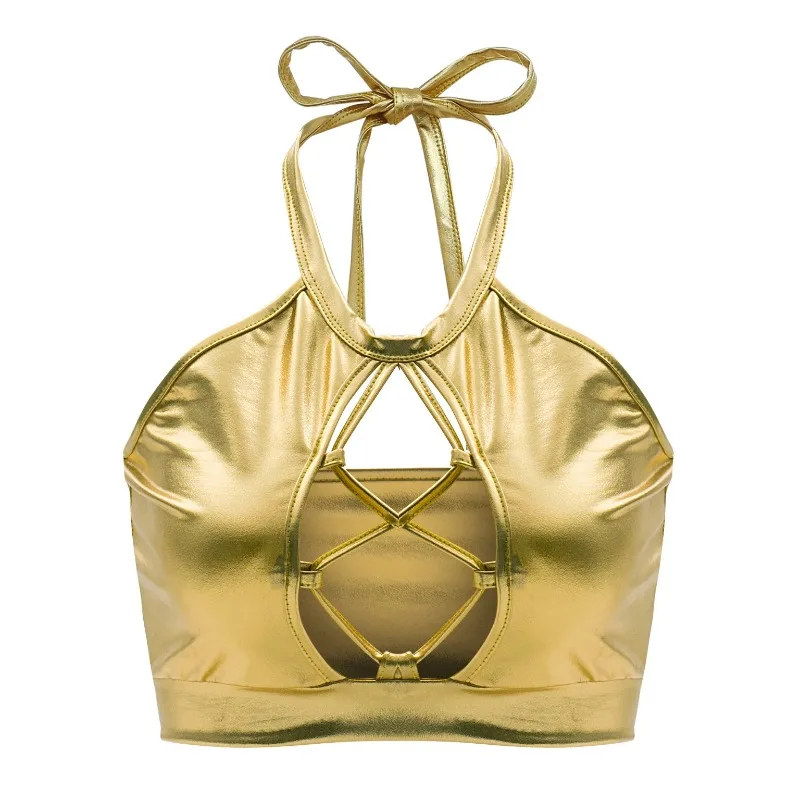 Top corto de Color caramelo para club nocturno, camisola Sexy de PU con cuello Halter, vendaje ahuecado, brillante, Pole Dance, exótico, juego de baile sexual