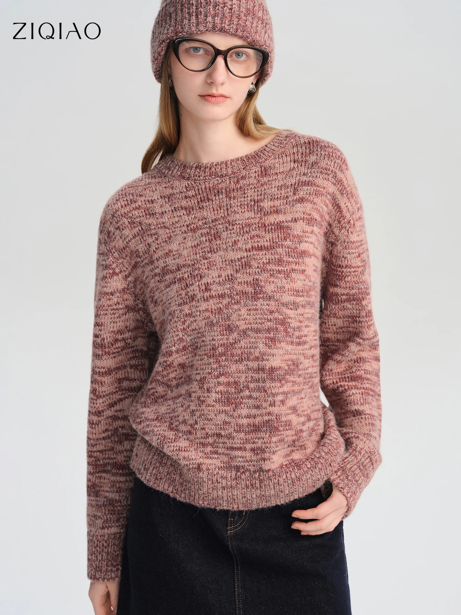 ZIQIAO 2025 Maglione lavorato a maglia in filato fantasia girocollo da donna invernale - Top pullover con spalle scoperte e vestibilità rilassata per abbigliamento da casa casual