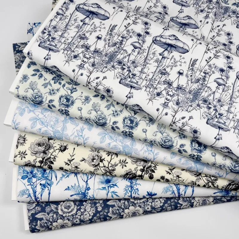 Blue Tone Tracing Floral Print 100% Cotton Plain Weave Fabric Retro Patchwork DIY Handmade Sewing Apparel Book Covers Material