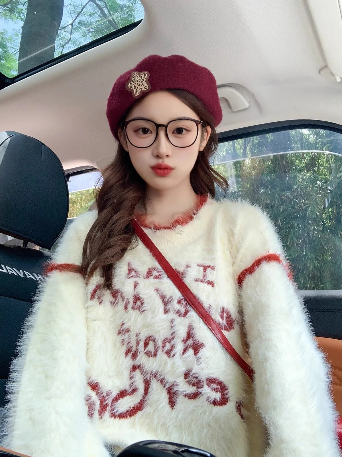 سترة نسائية محبوكة كبيرة الحجم من Thiened لون Blo نمط حروف ناعمة مريحة ريترو Sle طويلة Sve مستديرة Ne بلوفر #2