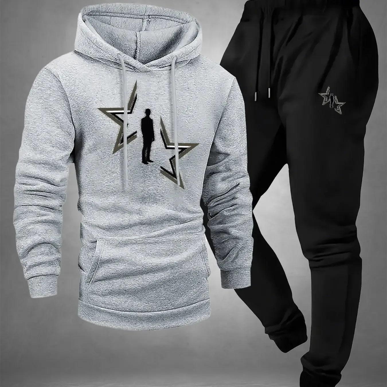 인터스텔라 실루엣 프린트, 2피스 남성용 캐주얼 폴리에스터 풀오버 및 스웨트팬츠 세트, 후드가 있는 긴 소매 풀오버