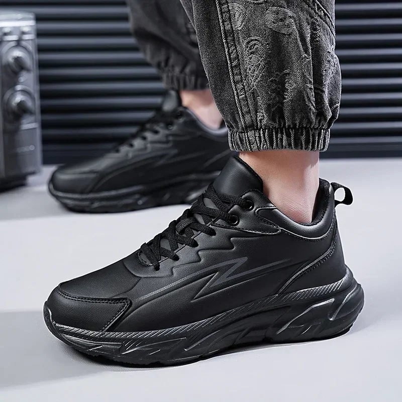 Black Leather Shoes for Men Height Increasing Winter Fashion Sneakers Plus Fur Warm Outdoor Cotton Casual Shoes Men Shoe Size 48