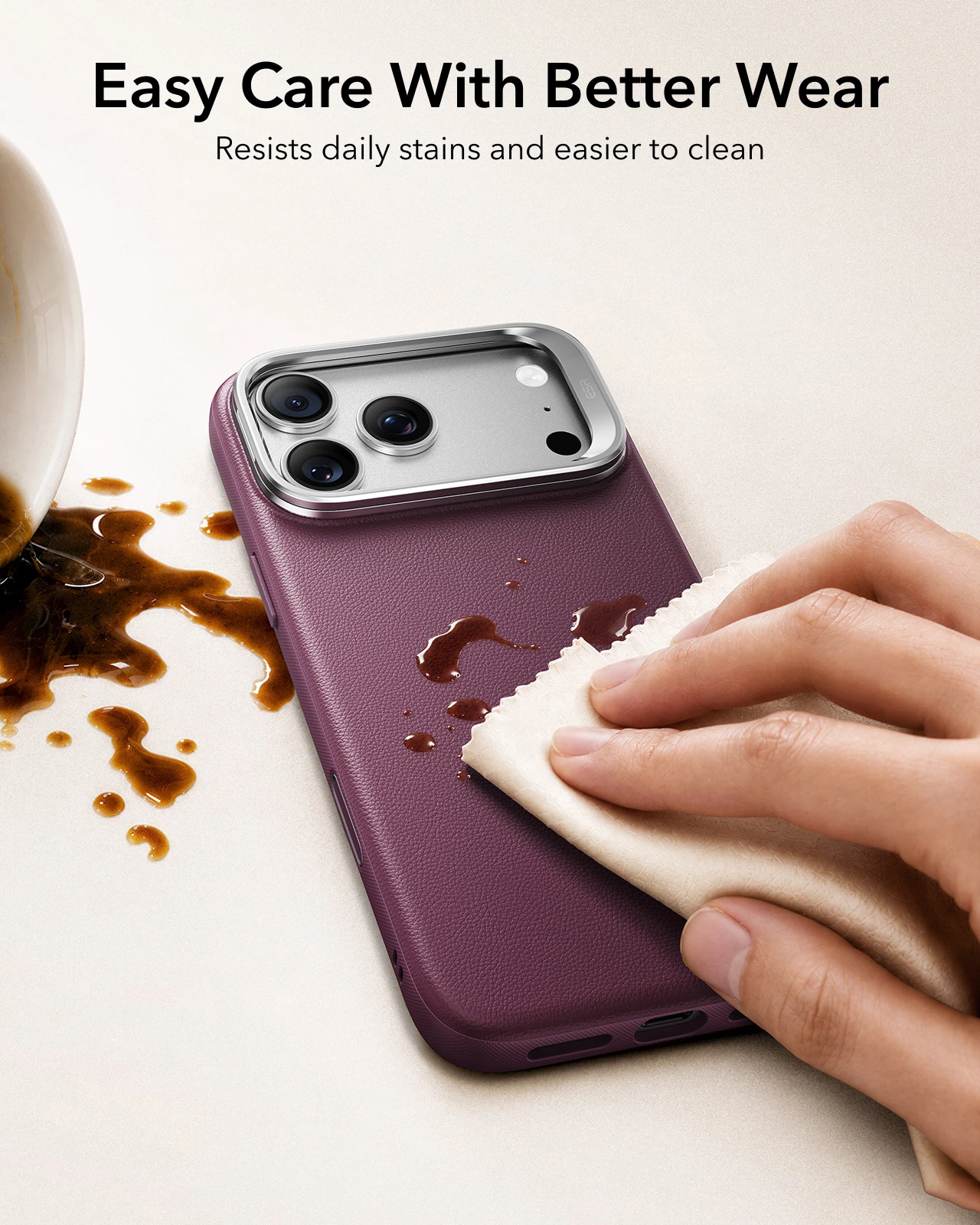 ESR – etui z magnetycznym uchwytem i elastyczną podstawką, wykonane z wegańskiej skóry, przeznaczone do iPhone 17 Pro Max i 18 Pro Max, a także do iPhone 18 Pro i 17 Pro. — zdjęcie produktu 5