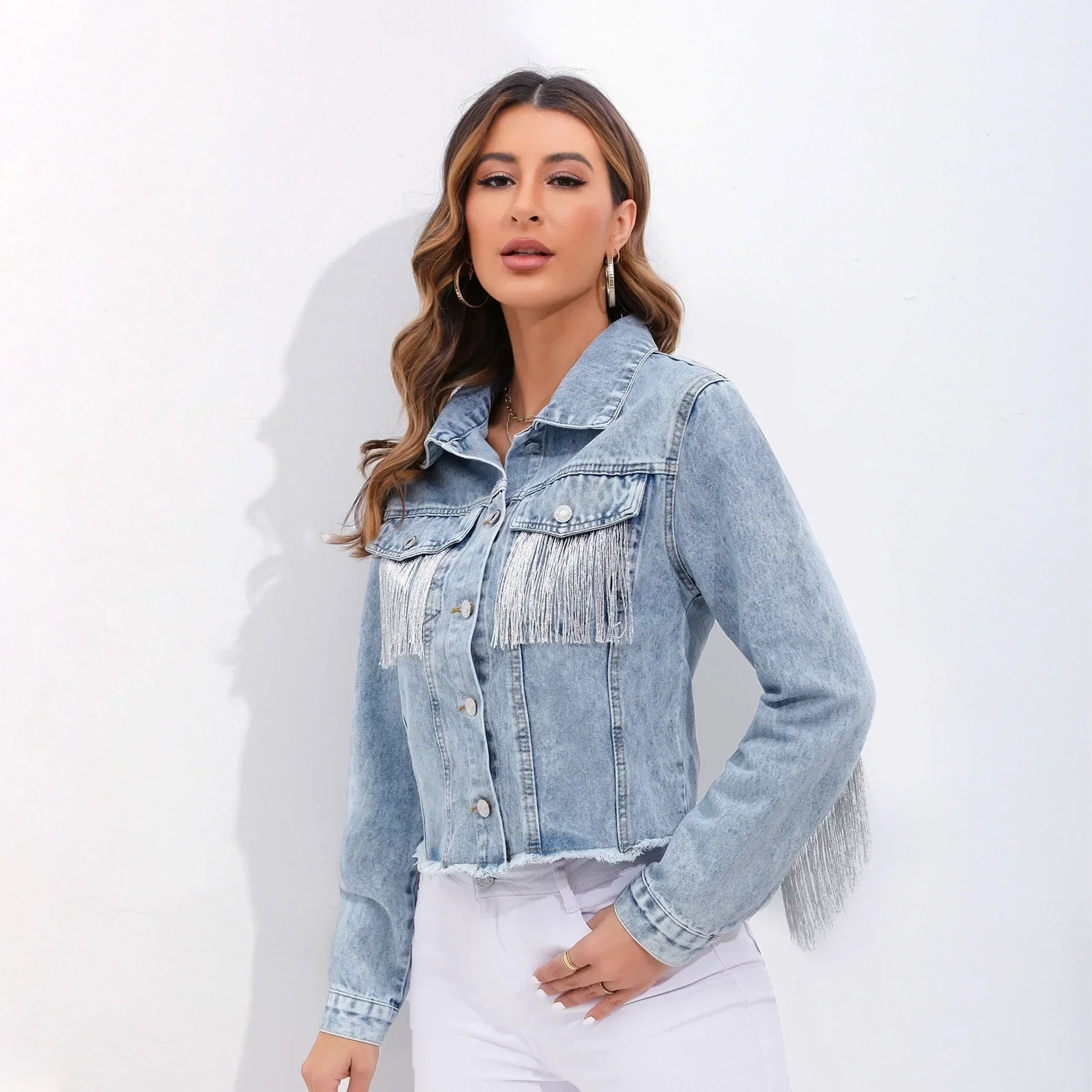 

Women Denim Coat Jacket Single Breasted Long Sleeve Tassel Turn Down Collar High Street Loose Spliced Solid Button Pockets 2025