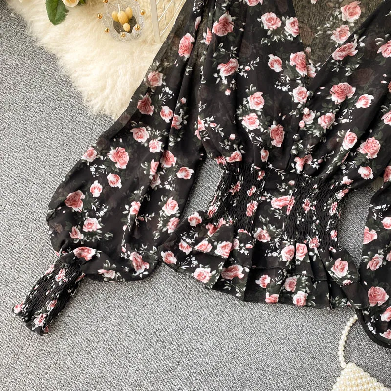 Elegant Sexy puff lool sleeve v neck Edible Tree Fungus Blouse Chic Pullover Vintage Shirt Korean Women Summer Top