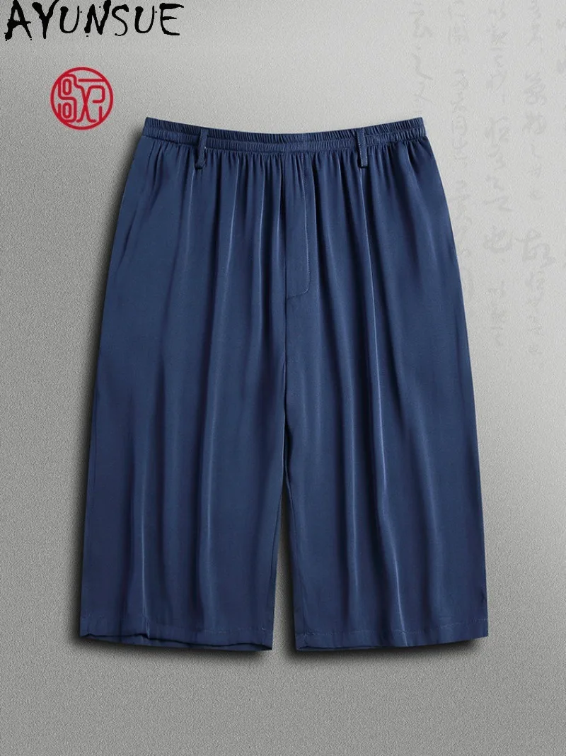 AYUNSUE 92%Real Mulberry Silk Shorts Man Clothing Summer 2026 Casual Elastic Waist Black Short Pants Knee Length Short De Hombre