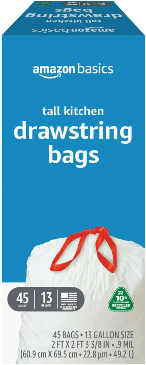

13 Gallon Tall Kitchen Drawstring Trash Bags, Unscented, 10% Post Consumer Recycled, 45 Count