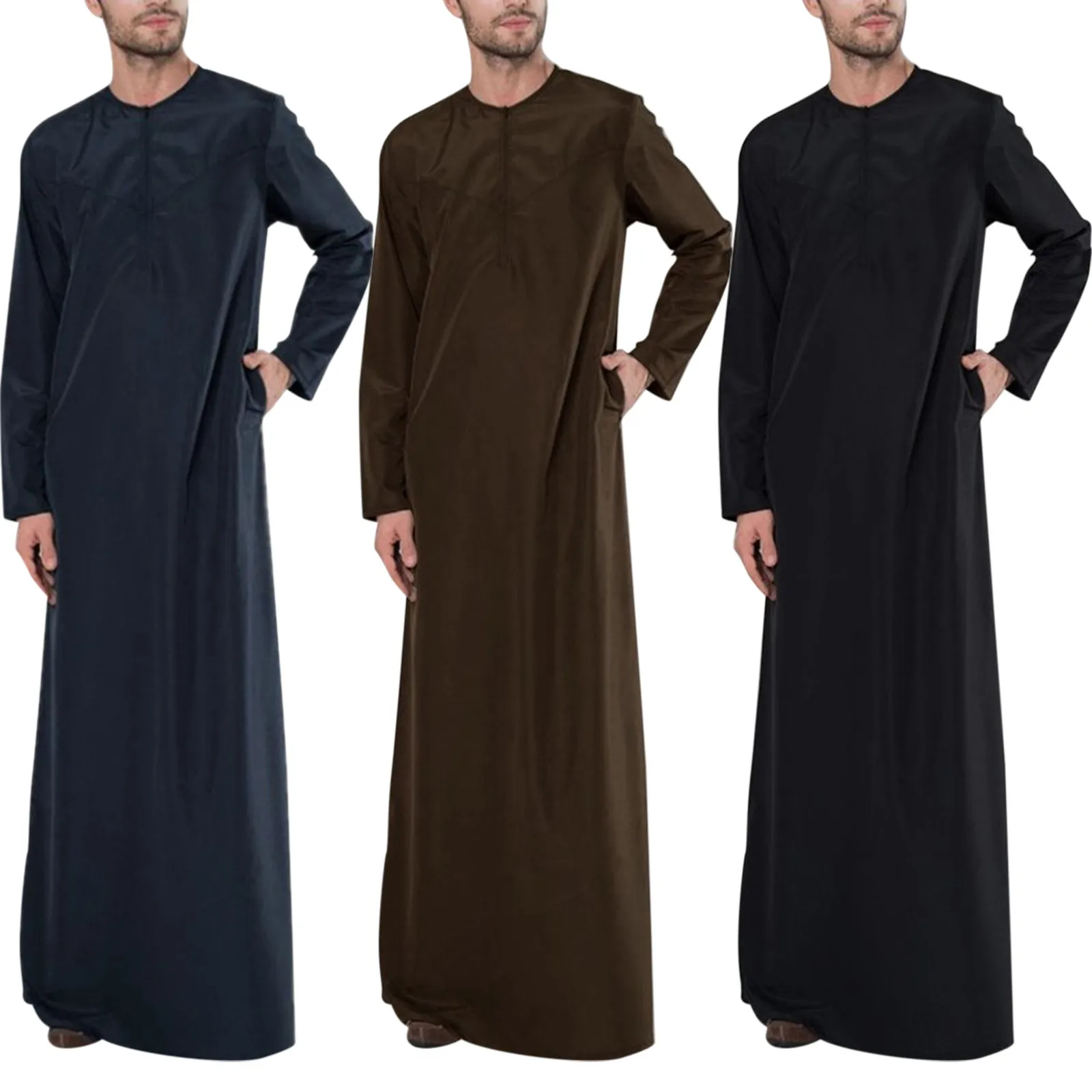 Thobe Jubba-túnica musulmana de manga larga para hombre, caftán árabe saudita, cuello redondo, vestido indio islámico, Ramadán Eid