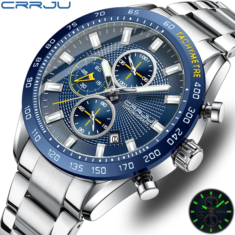 CRRJU Men Watch 2022 Fashion Sports Chronograph Wristwatches Stainless Steel Strap with Auto Date