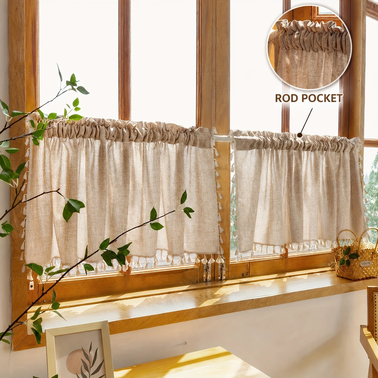 2PCS Natural Linen-Look Tier Curtains, Japanese Style Tassel Fringe Café Curtains for Kitchen Windows