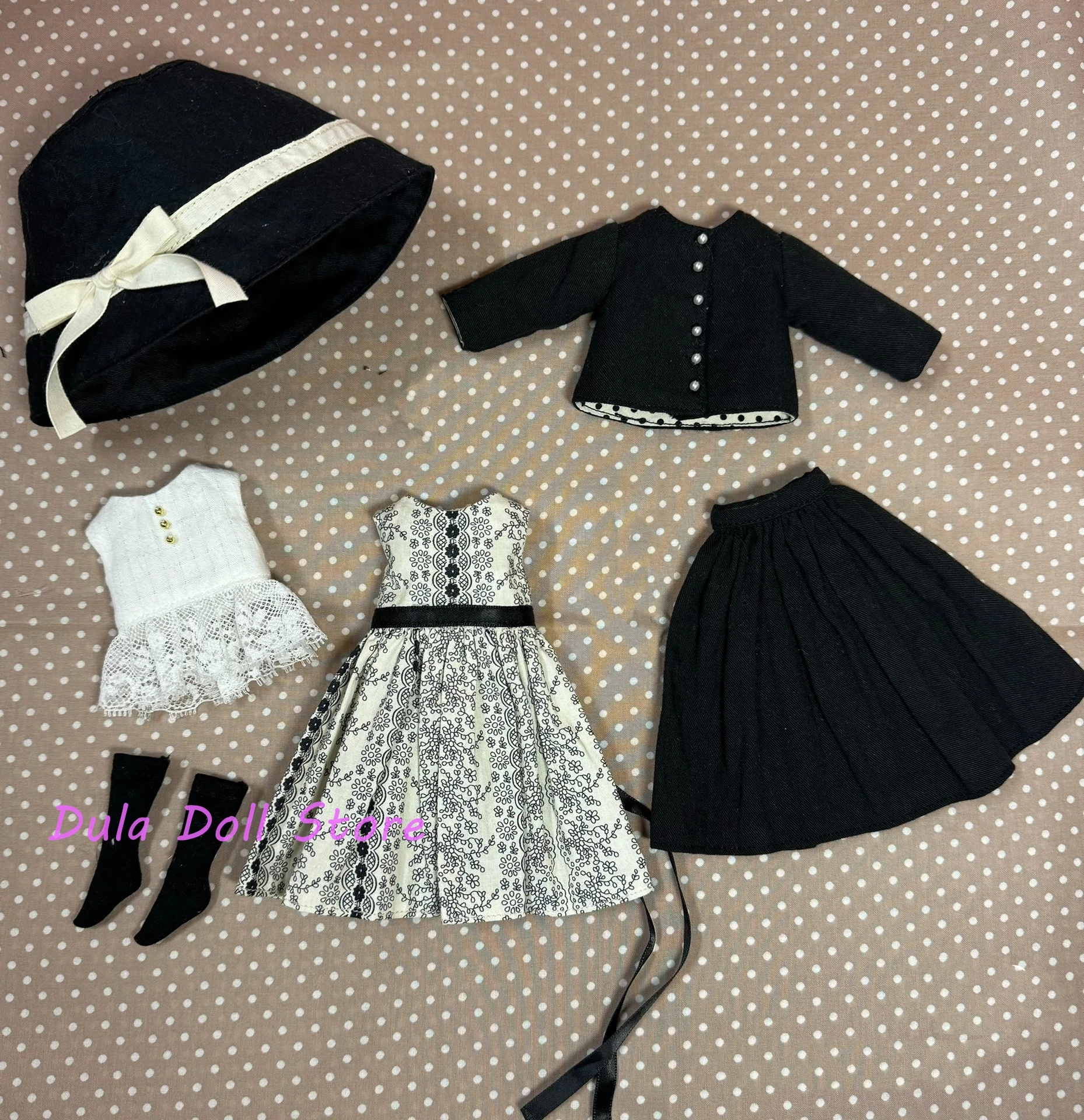 Dula 인형 옷 드레스 버킷 모자 흑백 격자 스커트 Blythe Qbaby ob24 ob22 Azone Licca ICY Bjd