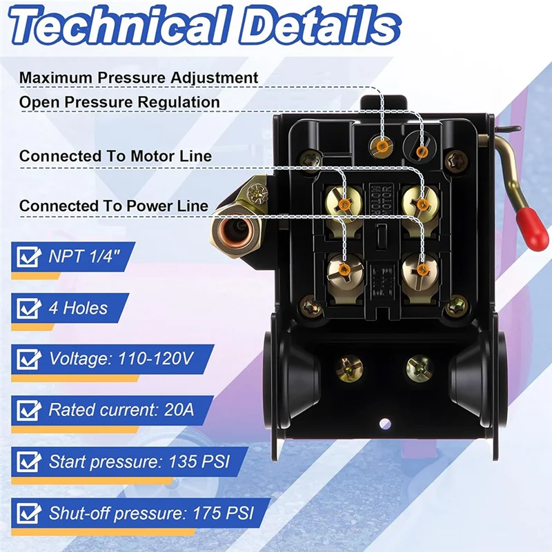 ضاغط هواء ABIY 135-175 مفتاح ضغط 4 منافذ 20 أمبير مع صمام تخفيف أمان 200 رطل لكل بوصة مربعة، استبدال مفتاح ضغط NPT 1/4 بوصة