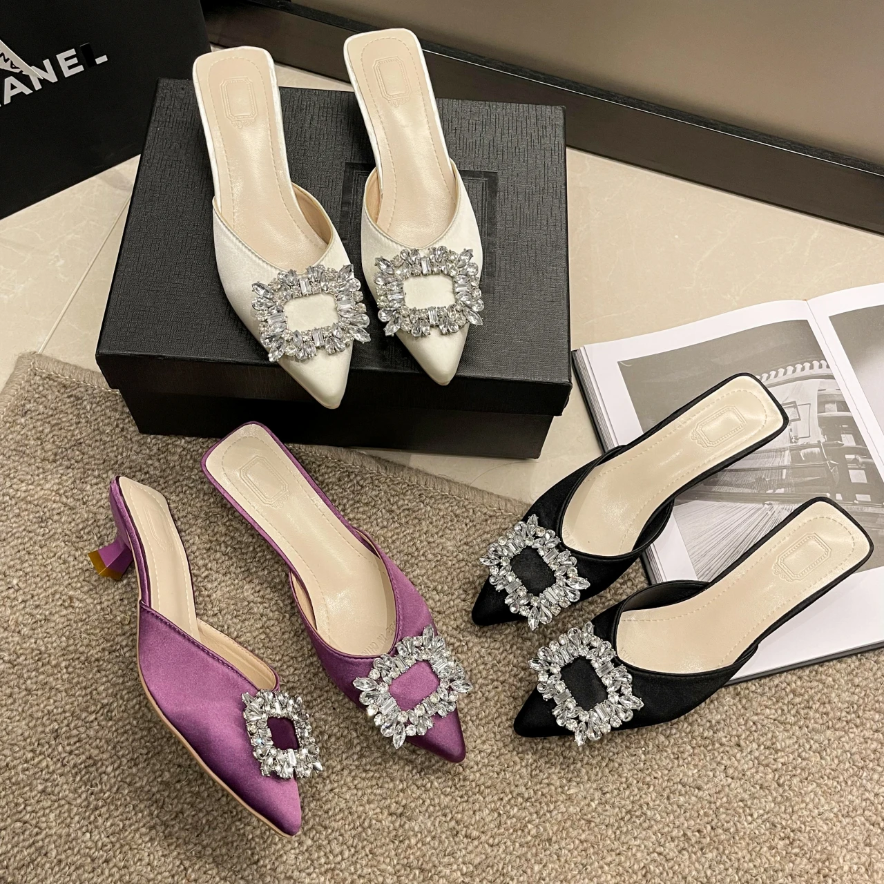 

New Women's Shoes New Mules Women's High Heels Slippers Wedding Pump Women Rhinestone Pointed Toe Sandals Ladies Zapatos Mujer