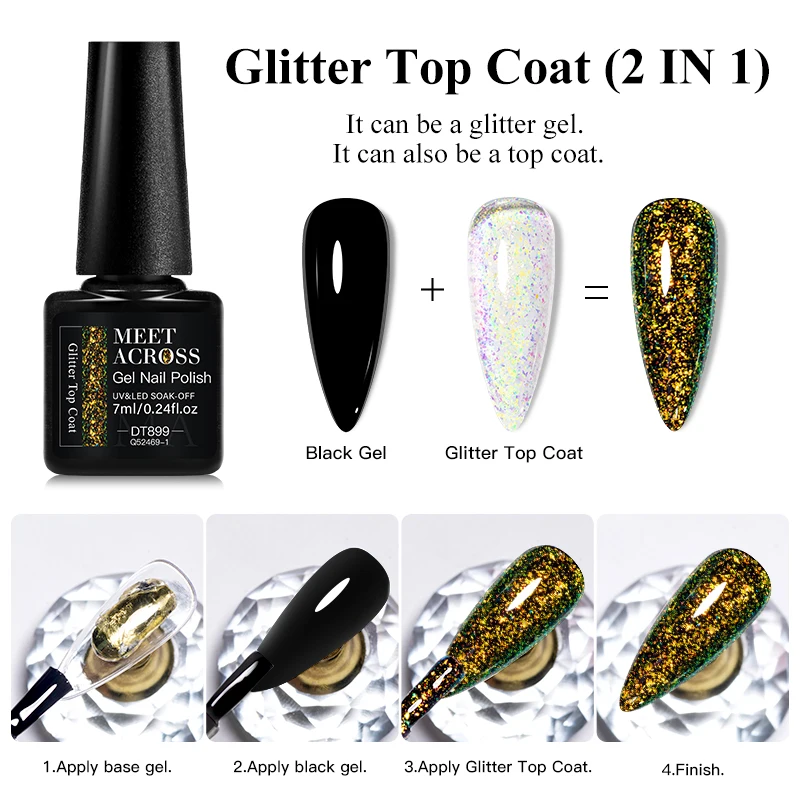 MEET ACROSS 7ml Glitter Top Coat Gel Nail Polish Brocade Powder 2 In 1 Chameleon Nail Art Gel Varnish Manicure For Nails