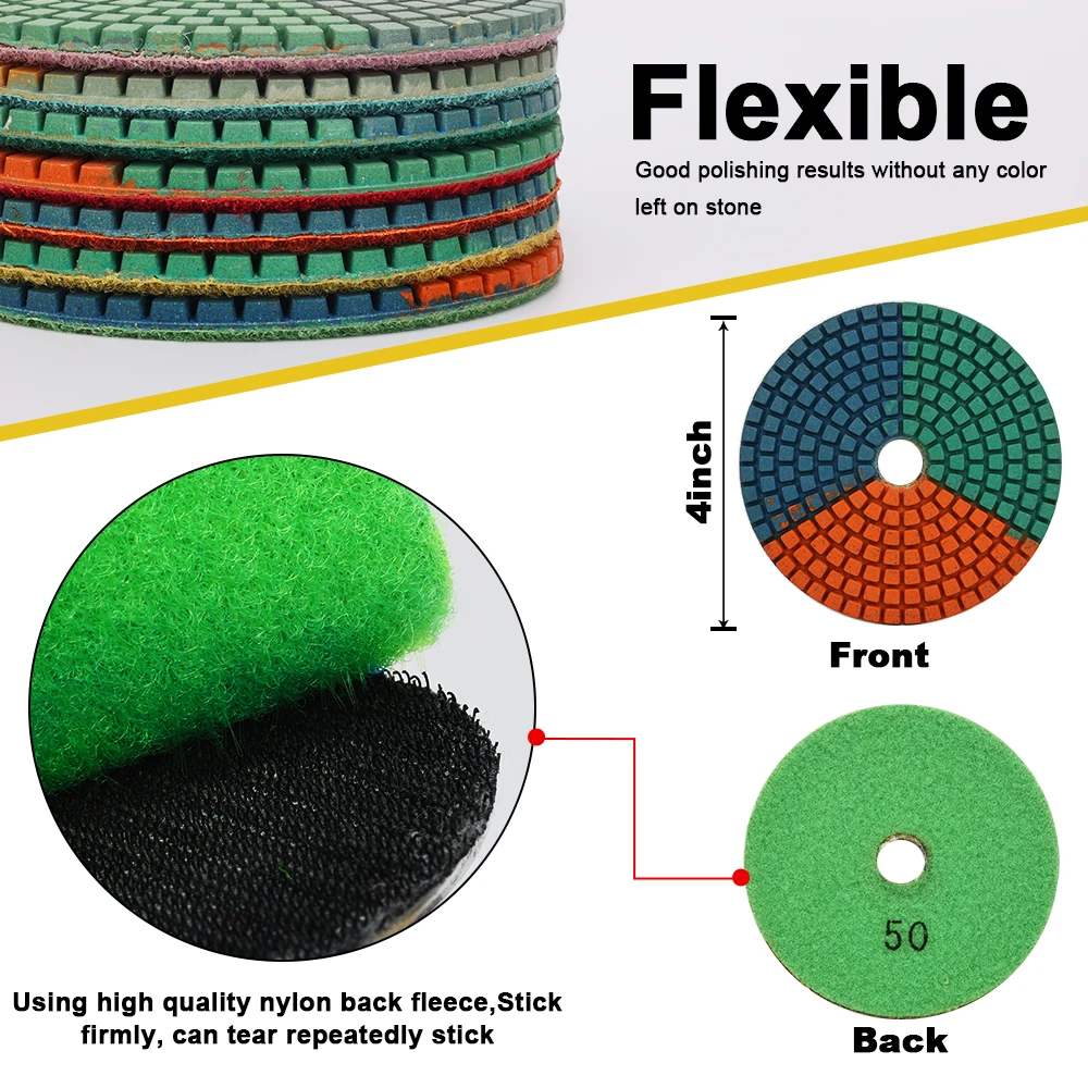 7pcs/Set  Colorful Diamond Wet Polishing Pad 4 inch Grinding Discs Flexibale Sanding Pad For Marble Granite Engineered Stone