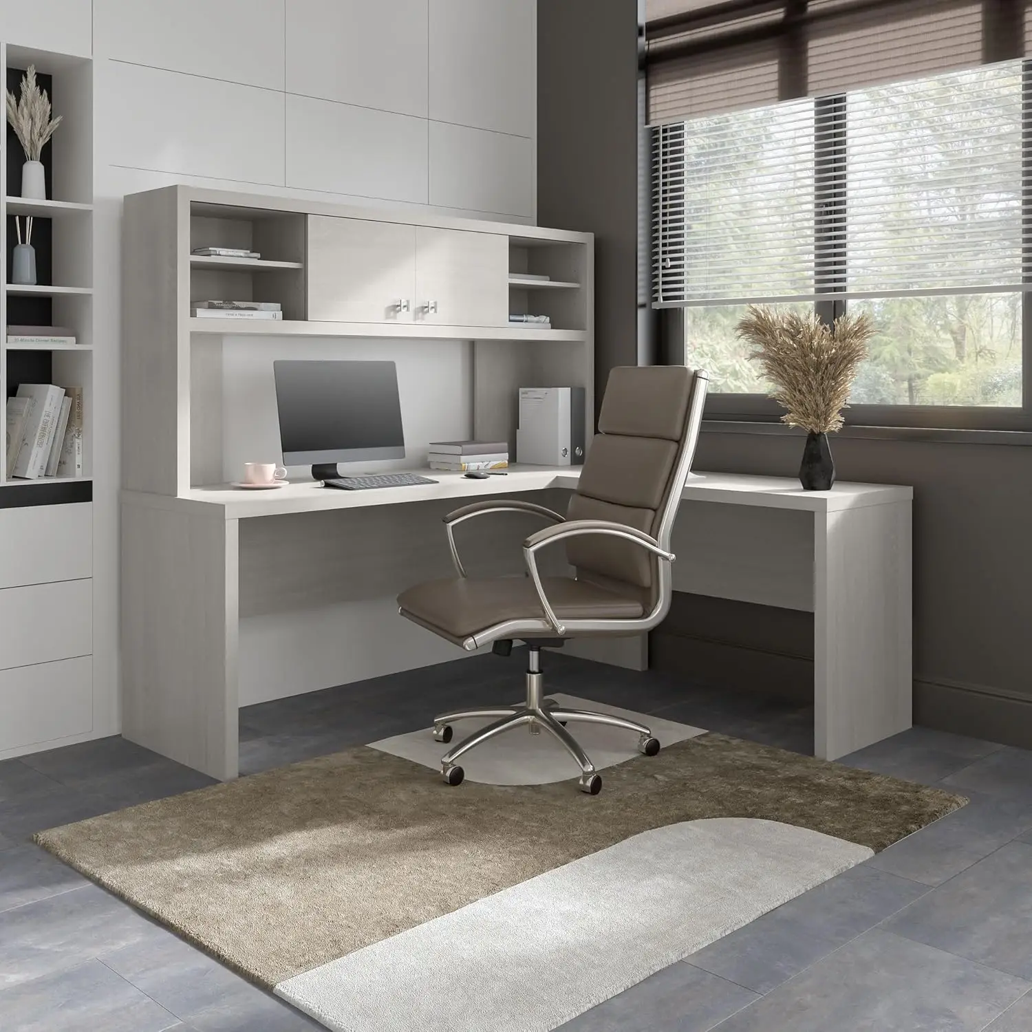 Echo L Shaped Computer Desk With Hutch, 72W, Gray Sand