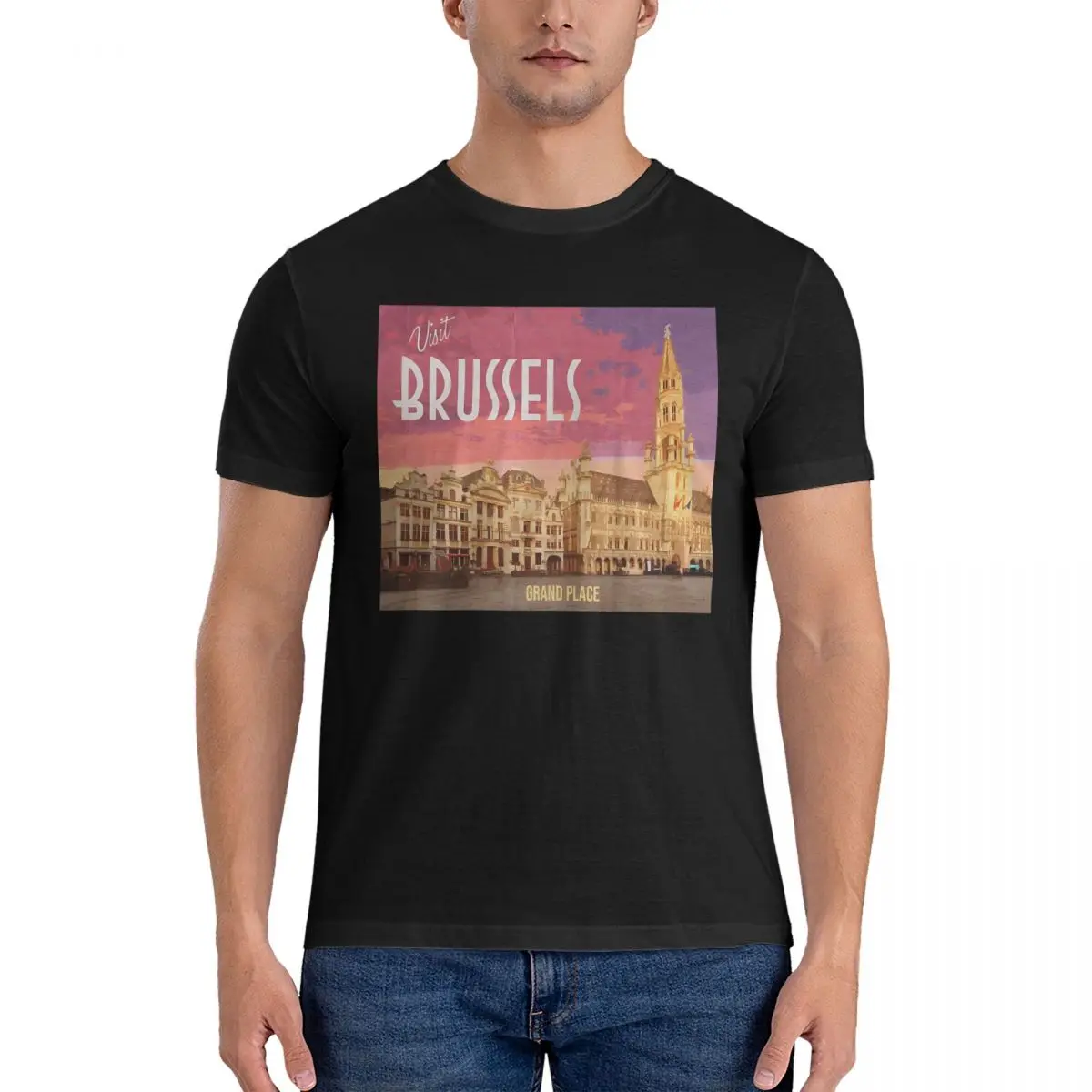 Men T-Shirts Belgium Vintage Looking Grand Place Brussels Tapestry Vintage Pure Cotton Tees Short Sleeve Europe T Shirts Tops