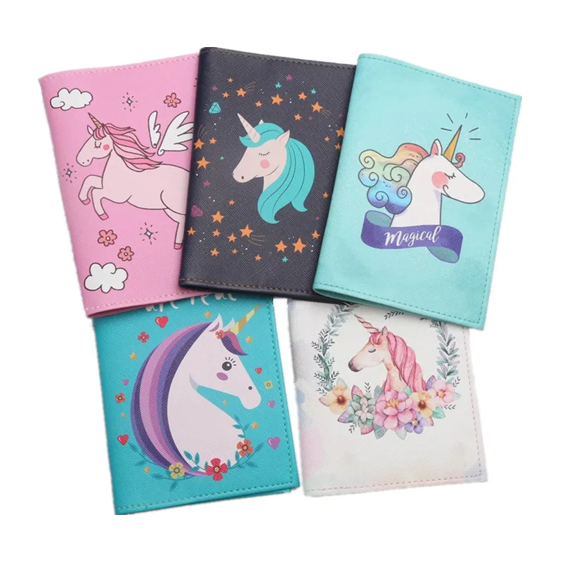 PU Leather Passport Holder Cartoon Unicorn Ticket Wallet ID Card Holder for Women Protector Passpost Cover Travel Document Case