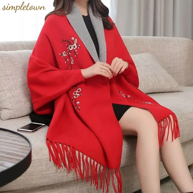 Plum Blossom Embroidery Sleeved Shawl Women's Autumn and Winter Thickened Warm Double Sided Cloak Fashion Coat