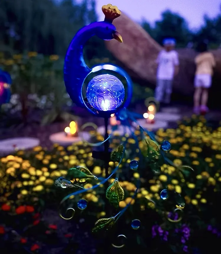 Solar lâmpada pavão, ferro forjado lâmpada gramado ao ar livre, decoração do jardim do pátio, plug-in vidro rachado lâmpada bola