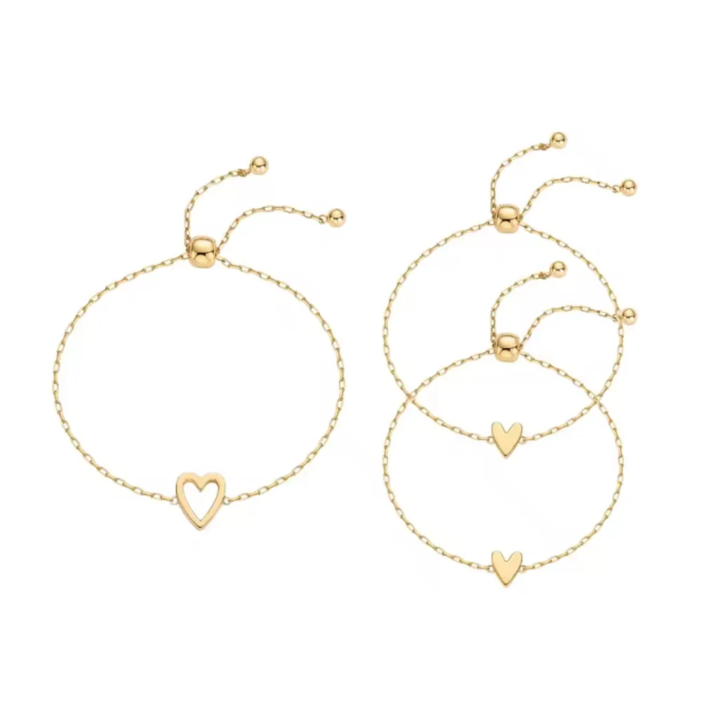 Conjunto de 3 pulseiras solitárias com pingente de coração em aço inoxidável banhado a ouro 14K para mulheres, mães, filhas, presentes de joias para amizade.
