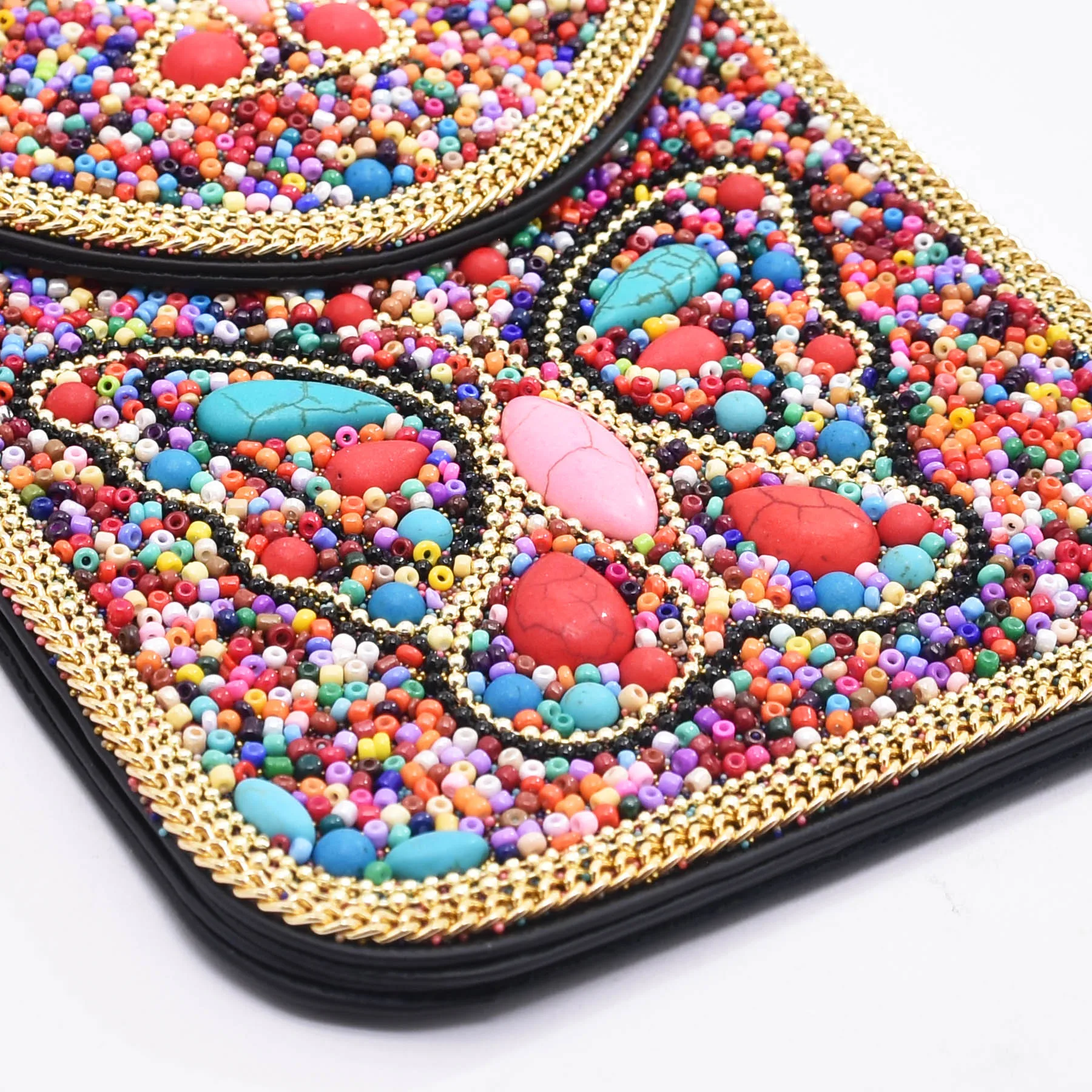 Bohemian Ethnic Style PU Travel Bag Colorful Seed Bead Turquoise Butterfly Exquisite Mobile Phone Bag Small Female Crossbody Bag