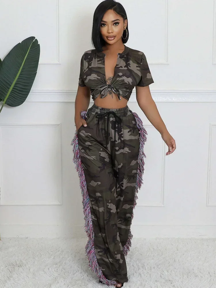 طقم ملابس من قطعتين مطبوع مموه للنساء ، توب قصير برباط ، شرابة جانبية ، بنطلون بساق واسعة ، أطقم متطابقة ، ملابس الشارع Y2K ، #3
