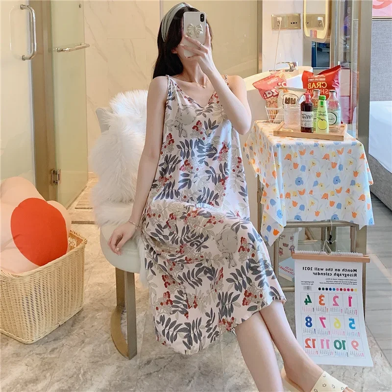 Classic Suspender Nightdress Women Summer Thin Sexy Artificial Cotton Silk Nightgowns Female Japanese Style Pajamas Loungewear