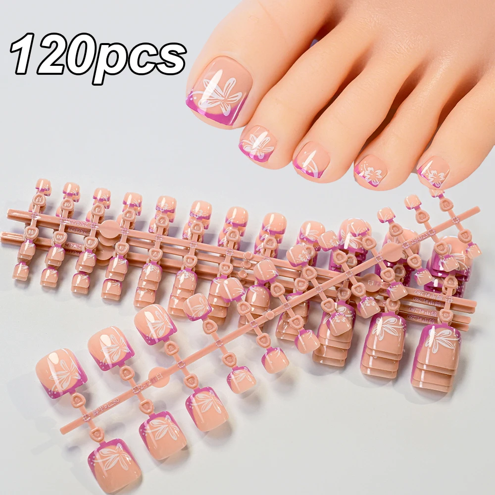 

120pcs Sunflower Short Square False Toes Nails Full Cover French Daisy Acrylic Fake Toe Nails Summer Removable Toenail Extension