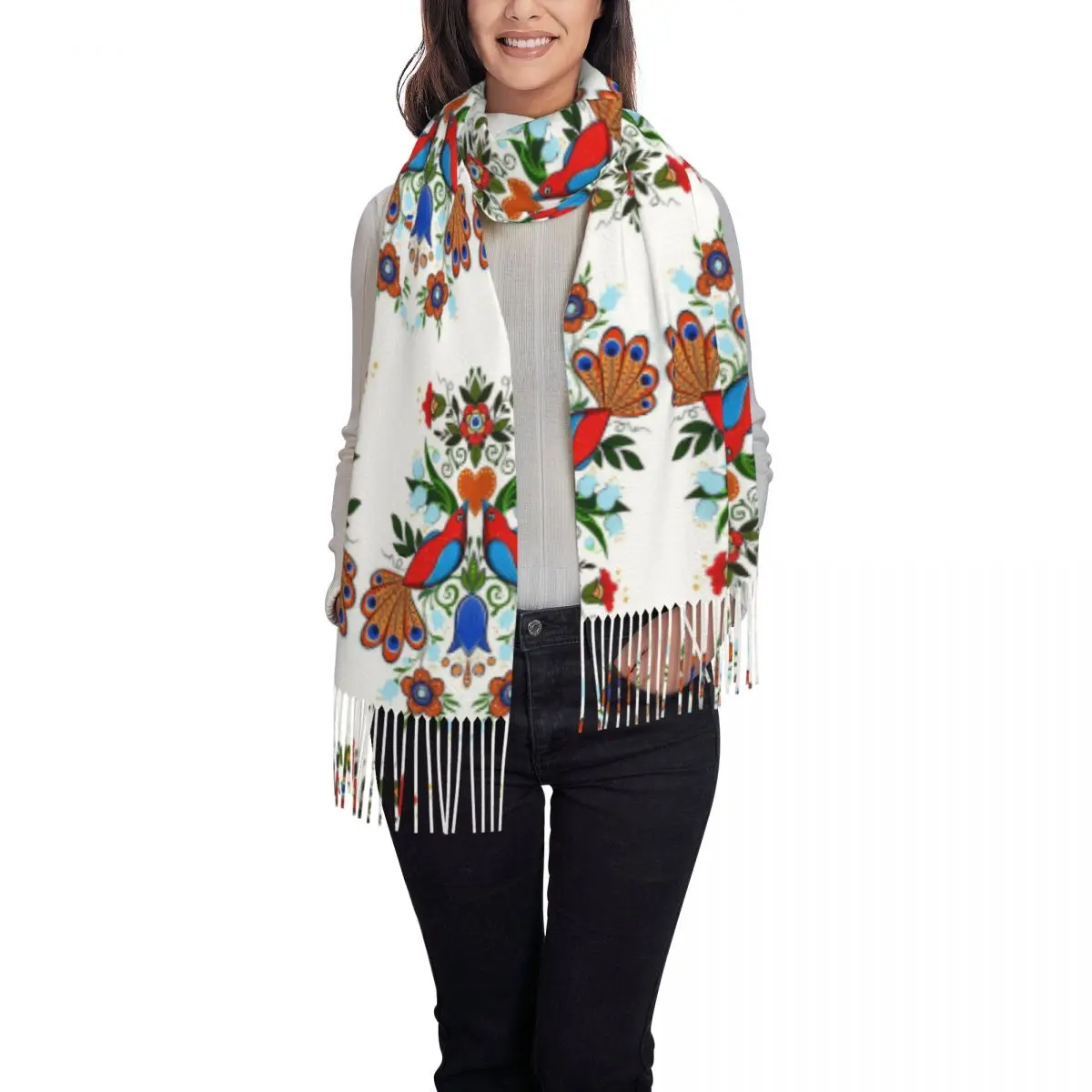 وشاح للطيور والزهور الشعبية أوشحة شرابة للنساء شالات دافئة ناعمة ويلتف شال كبير للخريف والشتاء