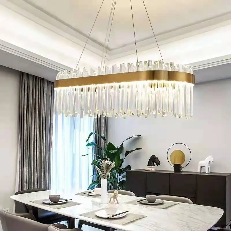 Modern Crystal Luxury LED Chandelier Round Gold Hanging Lamp Rectangle Indoor Lighting for Dining Room Fixture