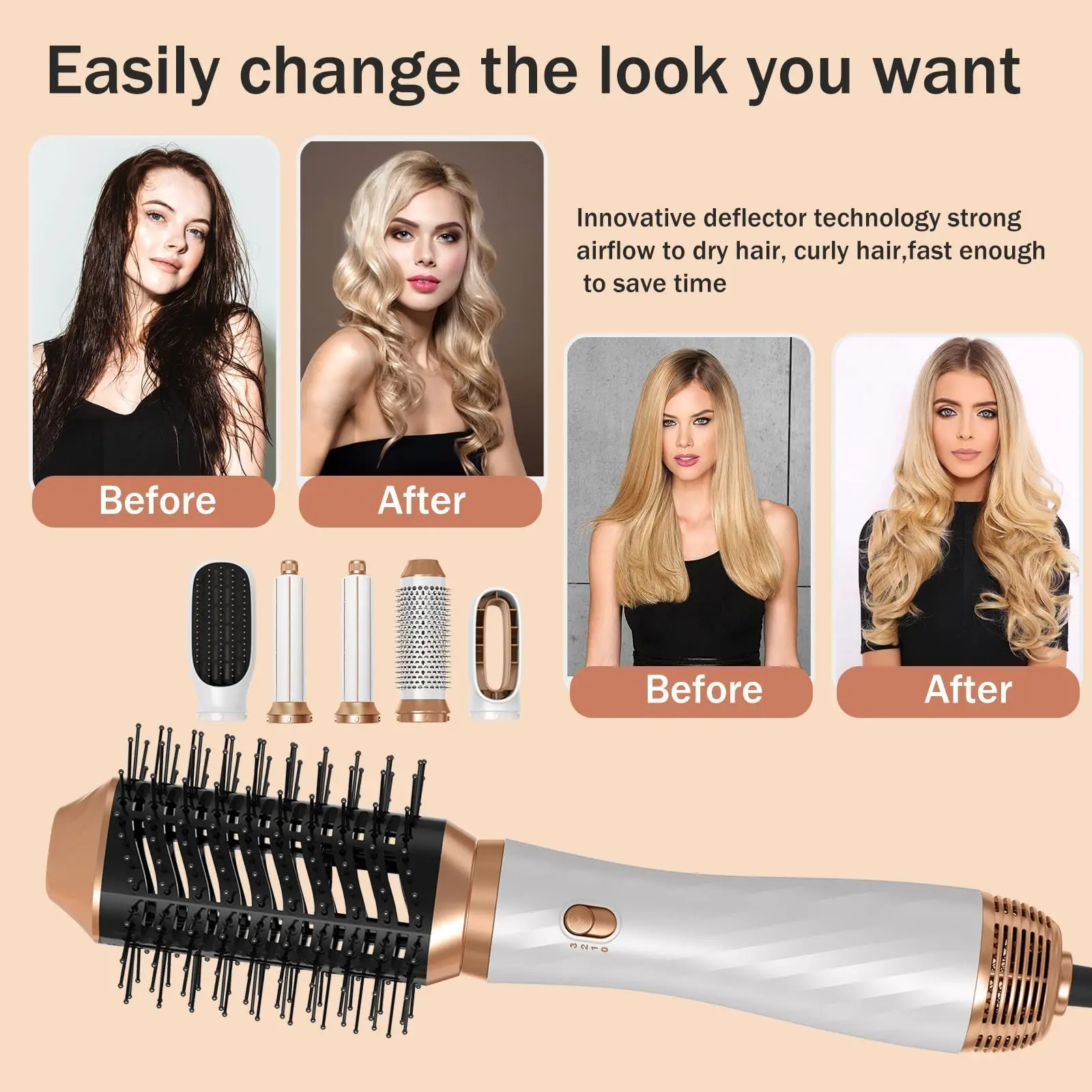 6 in One Hot Air Brush, Detachable Blow Dryer Brush Hair Dryer Brush, Air Curler Air Styler Curling Iron Curling Brush