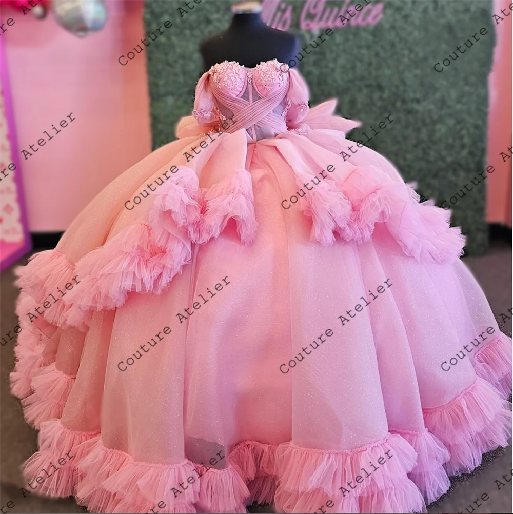 Mooie Roze Gezwollen Kralen Van De Schouder Quinceanera Jurken Baljurk Corset Speciale Verjaardagsjurk Vestidos De Quinceañera