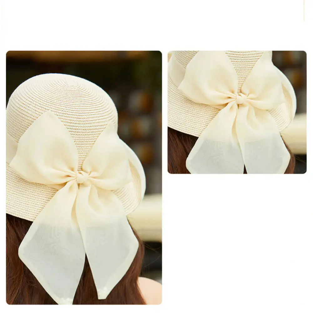 For Zhuoxi Women Straw Hat Summer Sun Protection Bowknot Basin Cap Breathable Beach Holiday Fisherman Hat Fashion Gear