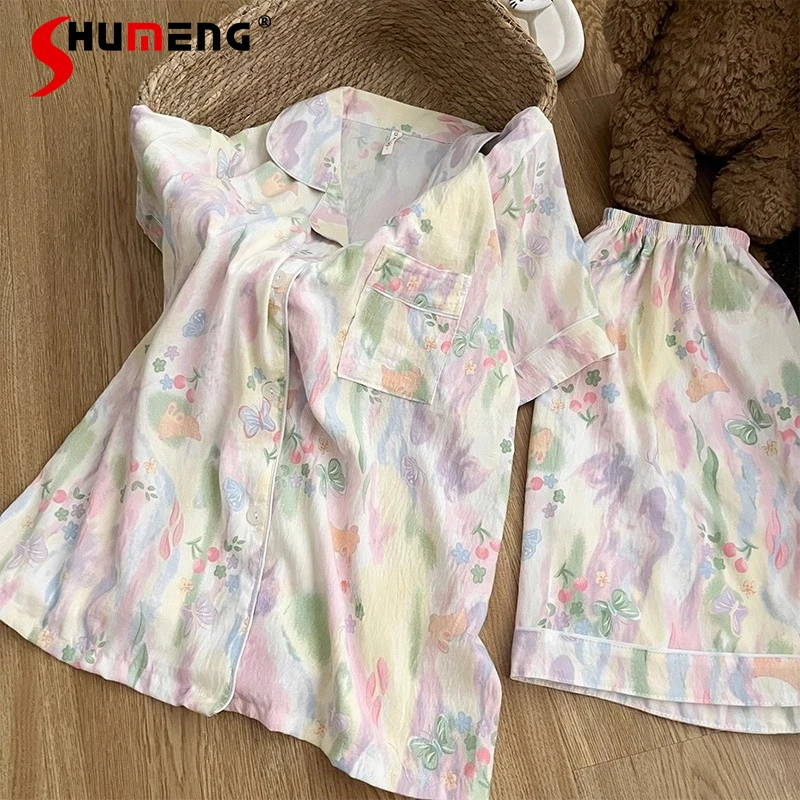 

Summer New Short Sleeve Pure Cotton Loungewear Women Japanese Style Ins Floral Pajamas Female Japanese Thin Homewear Set