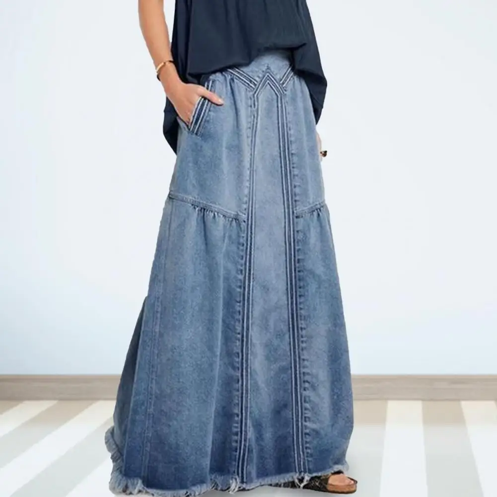 

Women Spring Denim Jeans Elastic Waist Ripped Retro Loose Skirt Vintage Loose Maxi Club E-girl Streetwear faldas