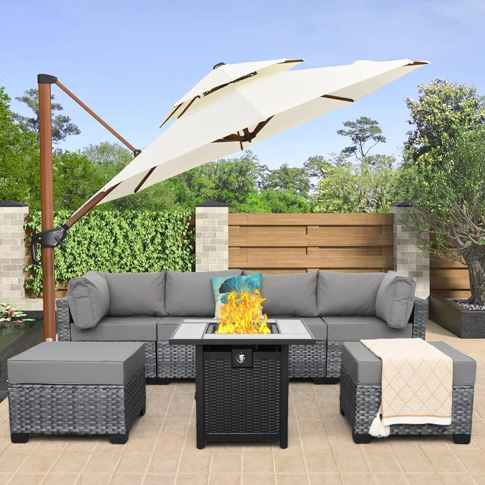 Patio Furniture Set 7 Pieces Rattan Outdoor Sectional Sofa PE Wicker Conversation Couch Sets with Propane Fire Pit Table