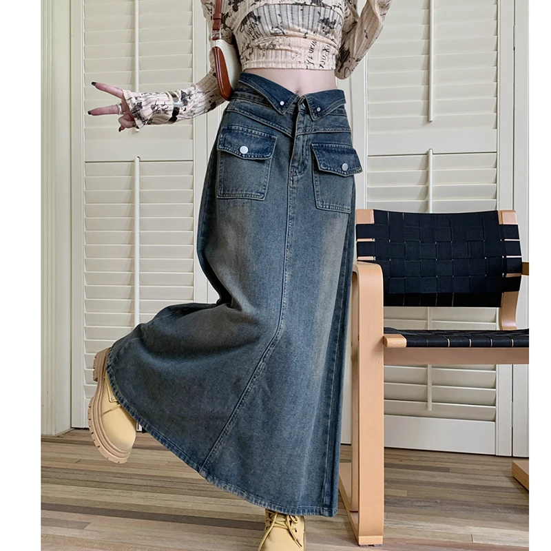 Vintage Blue Split Jeans Skirts Women High Waist Flip Waist A-Line Denim Skirt Long Skirt Y2K Trendy