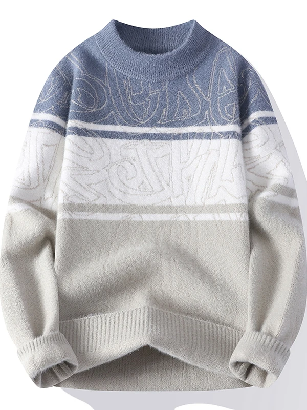 

Men's College Sle Geometric Patterned Sweater f High Collar Color Blo Design Knitted Warm Base Layer irt