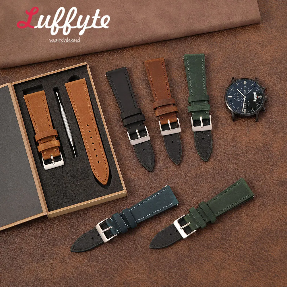 Fashion Retro Crazy Horse Leather Strap 18mm 19mm 20mm 21mm 22mm with Quick Release Spring Bars Gift Box Men Business Watchband