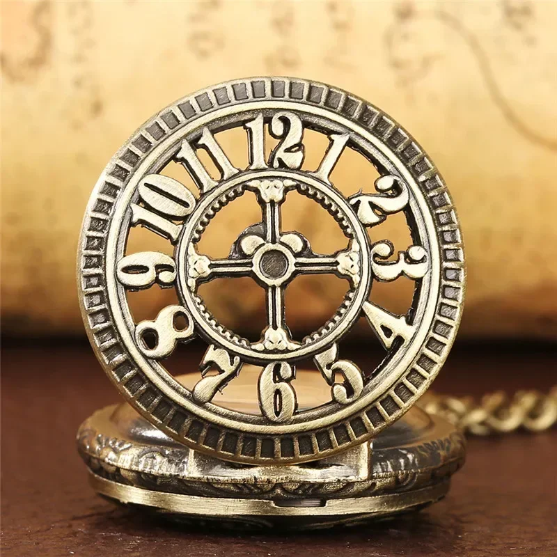 Bronze Mini Size Hollow Arabic Number Cover Unisex Quartz Analog Pocket Watch Necklace Long Chain Collectable Timepiece Gift
