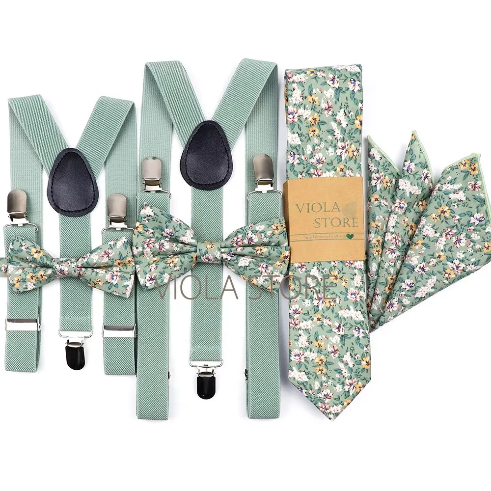 Mężczyźni Kid Sage Green Floral 2.5cm Szelki 6.5cm 100% Bawełna Krawat Hankie Bow Set Cravat Brace Regulowane paski Akcesoria ślubne