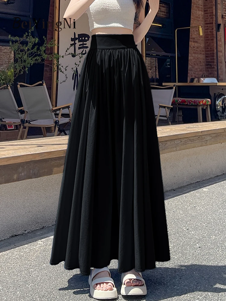 Beiyingni 2025 Summer Ice Silk Maxi Pleated Skirt Woman Solid Color High Waist Slim Women's A-line Long Skirts White Blue Faldas