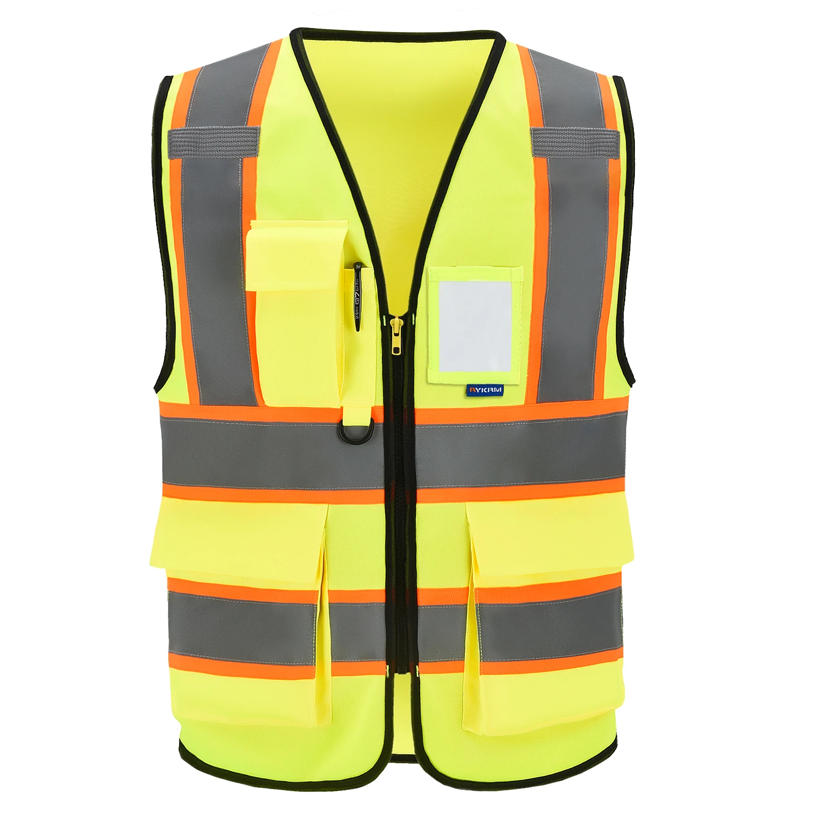 AYKRM High Visibility Safety Vest with Pockets Reflective Strips and Zipper,Yellow Orange(XS-6XL)