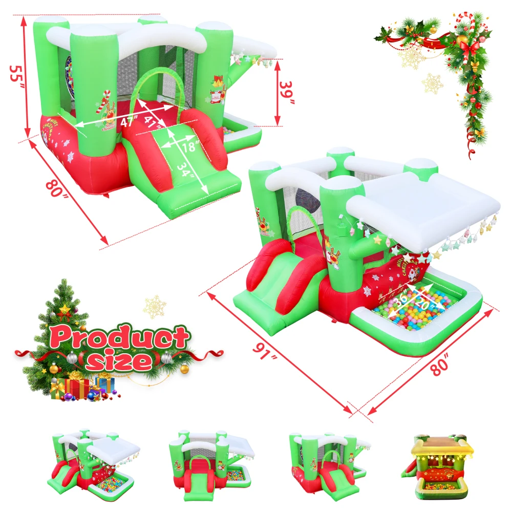 Christmas Jump 'n Slide Inflatable Bouncer สําหรับเด็ก ติดตั้งครบชุดพร้อมเครื่องเป่าลม - พื้นที่เล่น 80" x 91" - สูง 55"