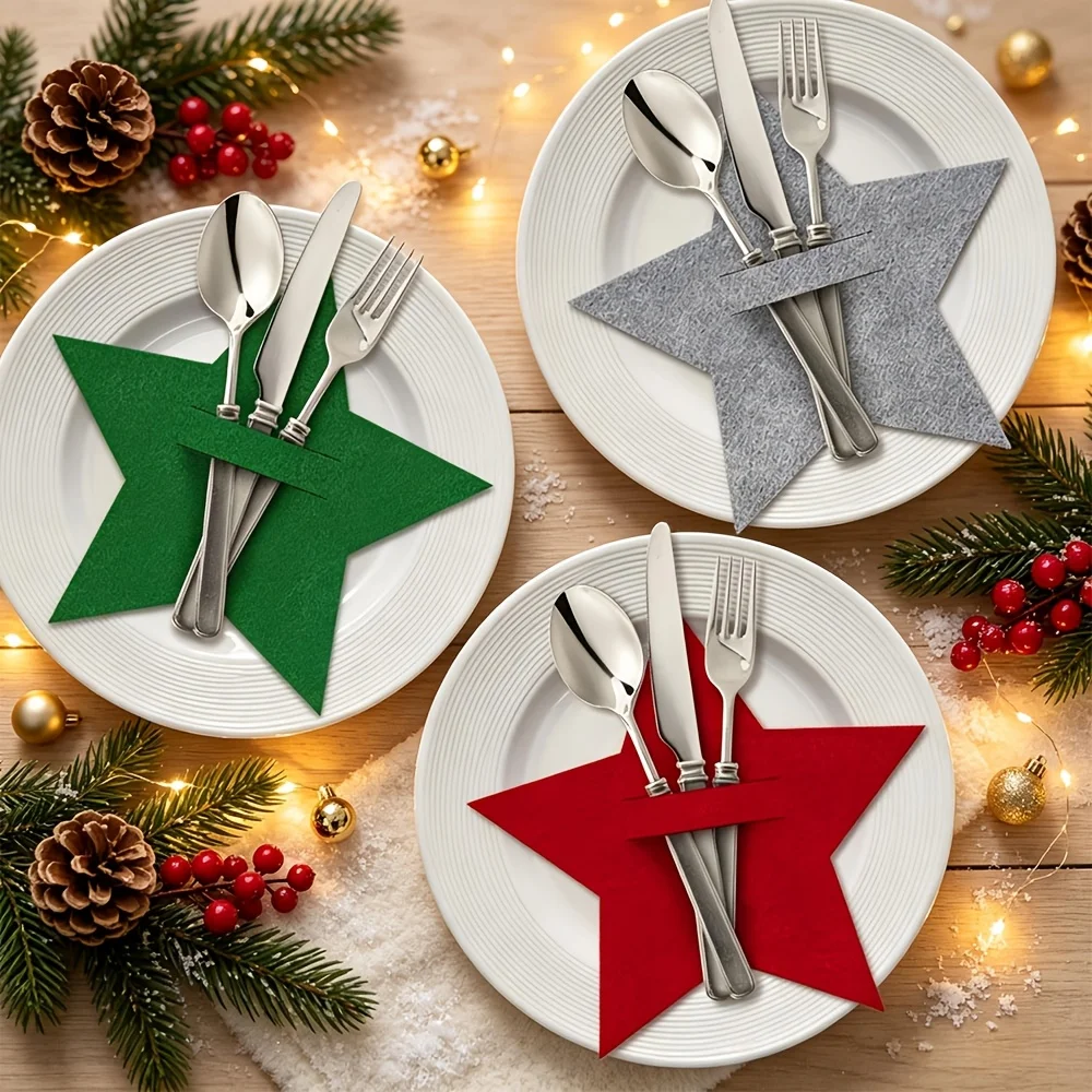 30/15 pieces in random colors, Christmas felt placemats with star-shaped design, red, green, gray Christmas pentagrams, placemats, felt cutlery holders, cutlery clips, table decoration, adding color to your holiday tab